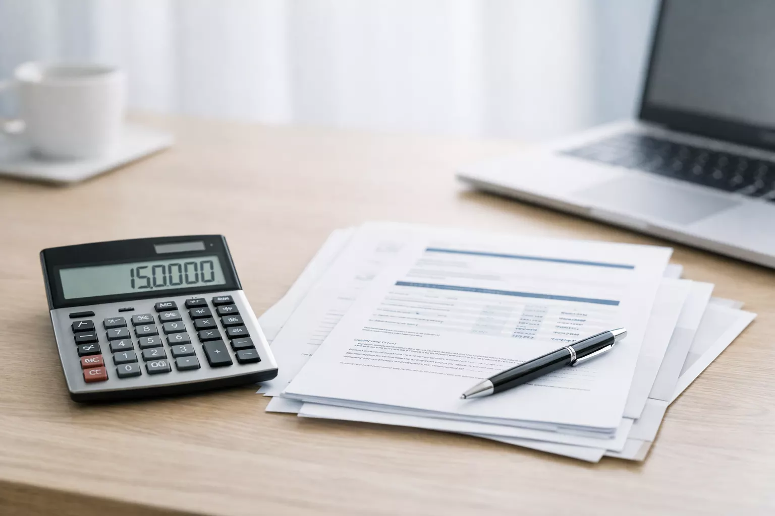 Laskin ja asiakirjoja vaalealla työpöydällä perintövero 150 000 euroa -artikkeliin