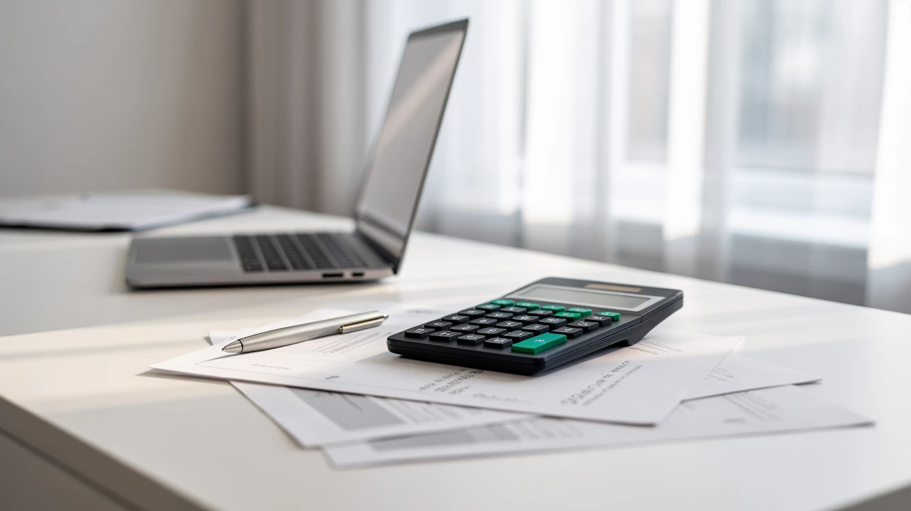 Laskin, asiakirjoja ja kannettava tietokone työpöydällä perintöveron laskemista kuvaavassa artikkelikuvassa