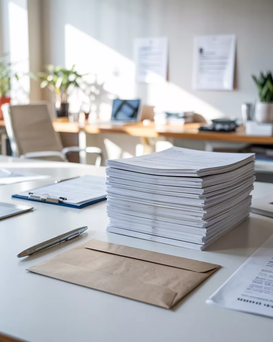 Asiakirjapino ja kirjekuori pöydällä toimistossa