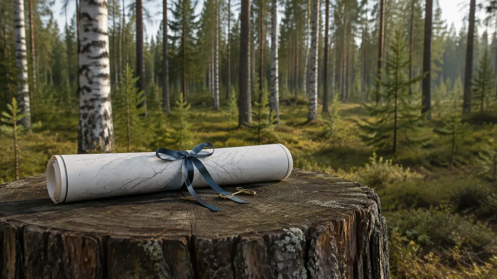 Metsätilaa kuvaava suomalainen metsä ja rullattu kiinteistöasiakirja.