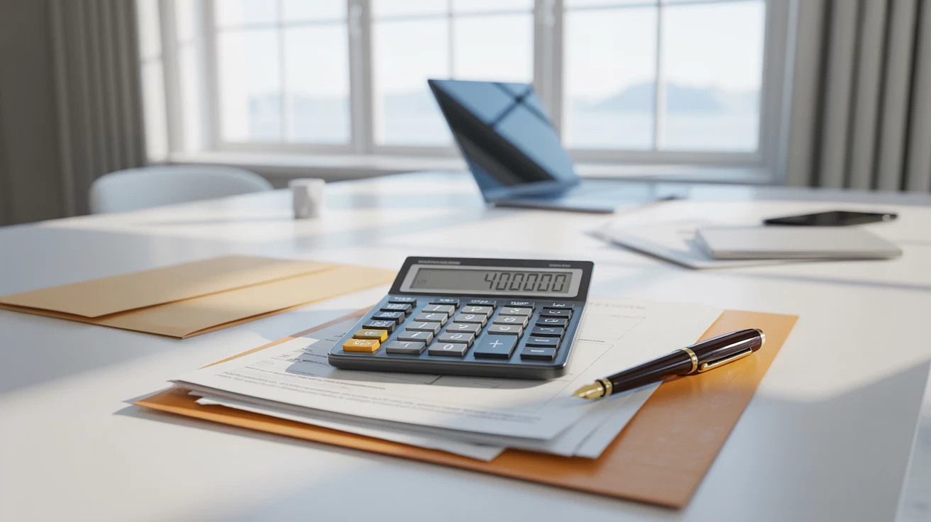 Laskin, asiakirjoja ja kynä työpöydällä perintövero 400 000 euroa vuonna 2026 -artikkelissa