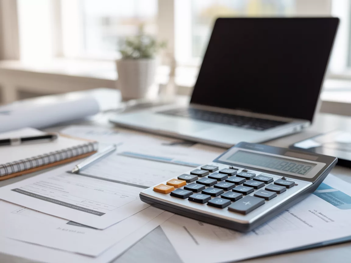 Laskin, asiakirjoja ja kannettava tietokone pöydällä perintöveron laskemista havainnollistamassa