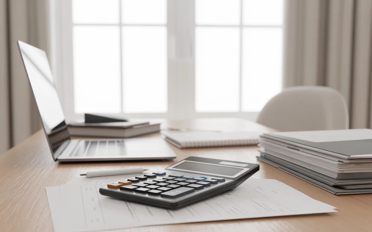 Laskin, asiakirjoja ja kannettava tietokone työpöydällä perintöveroa käsittelevässä artikkelissa