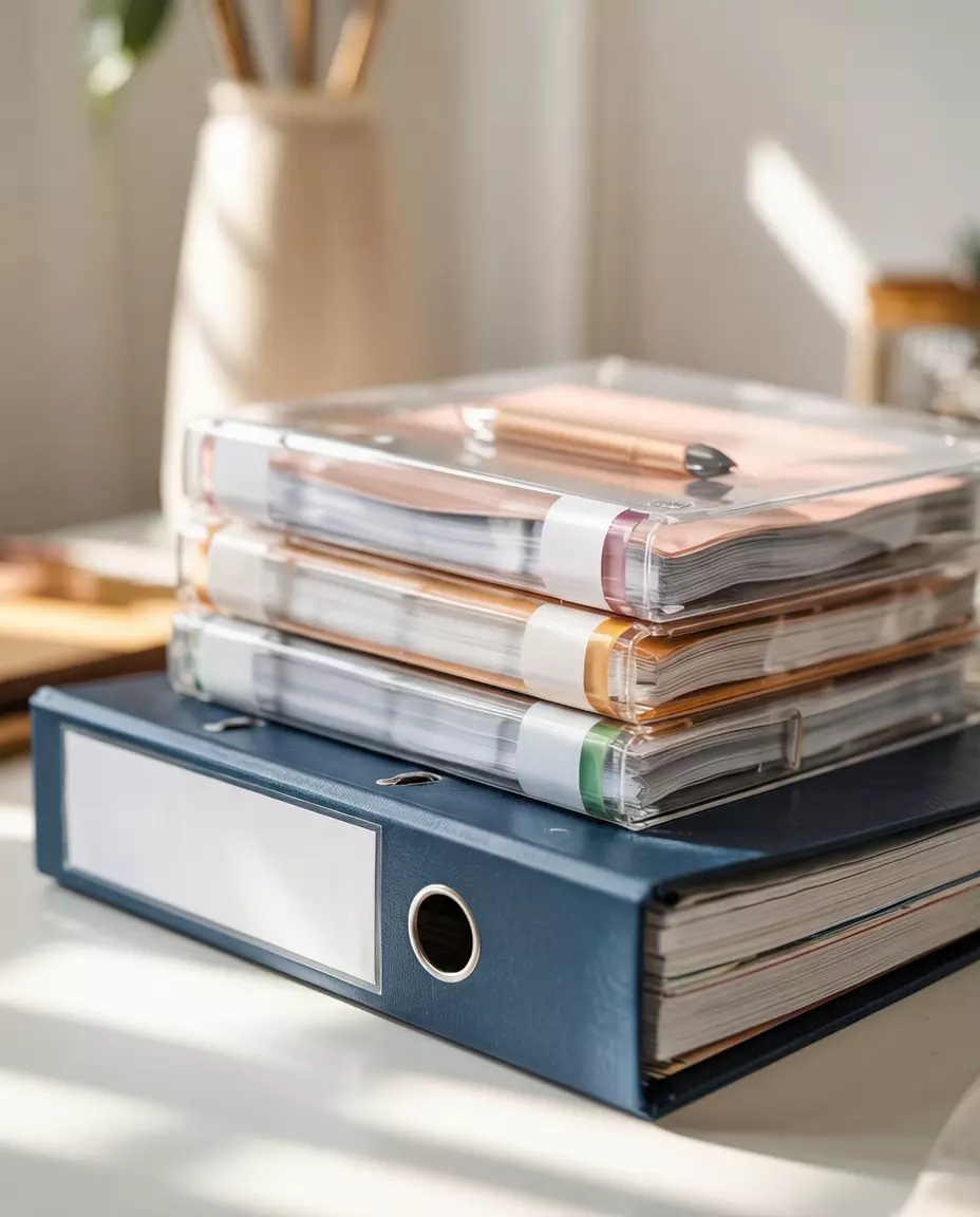 Kansio ja muovitaskuja asiakirjojen kanssa