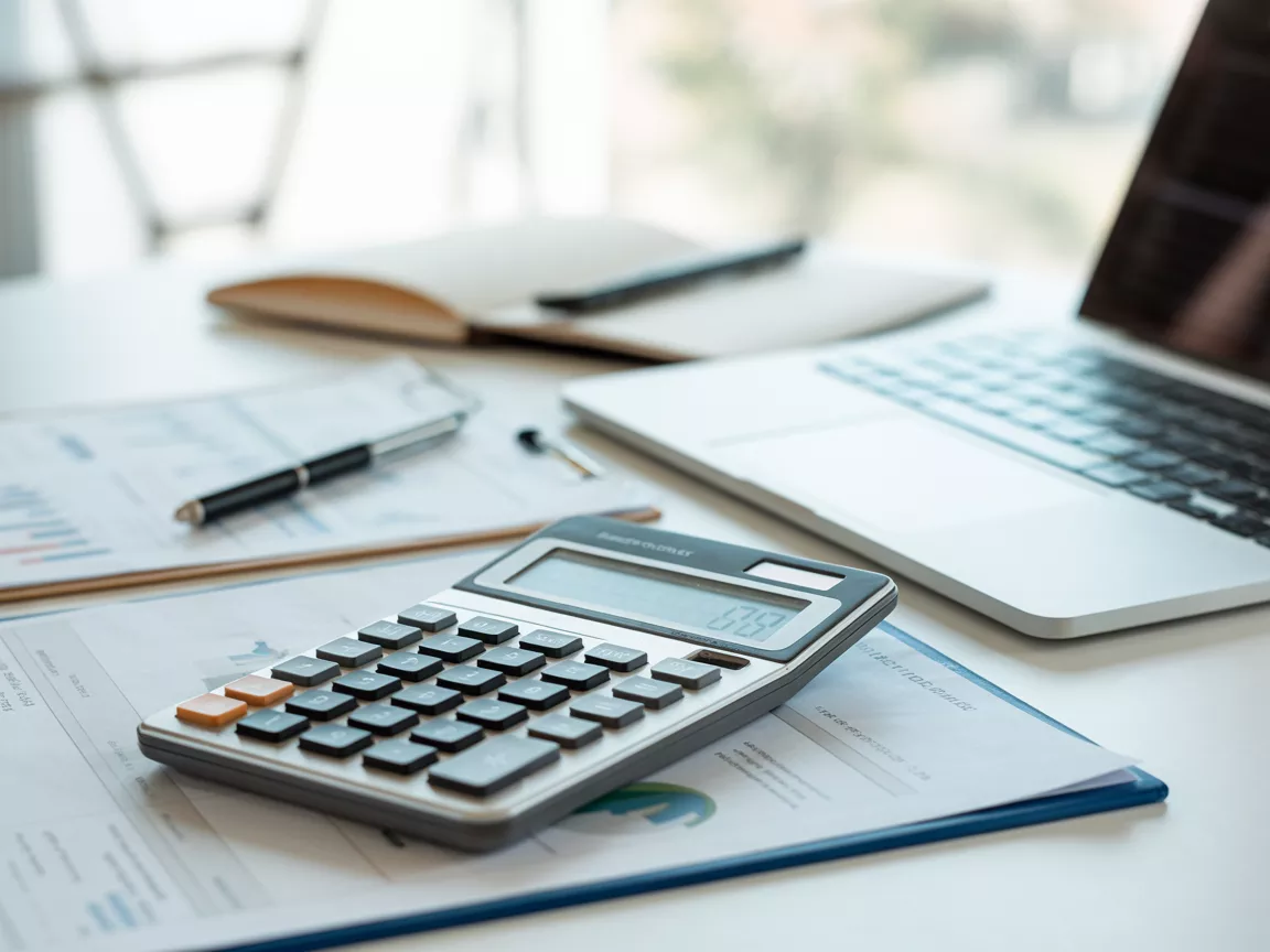 Laskin, kannettava tietokone ja asiakirjoja pöydällä perintöveron laskemista havainnollistamassa