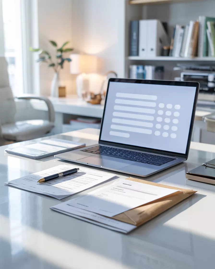 Kannettava tietokone ja asiakirjat toimistossa – perintöverolaskuri