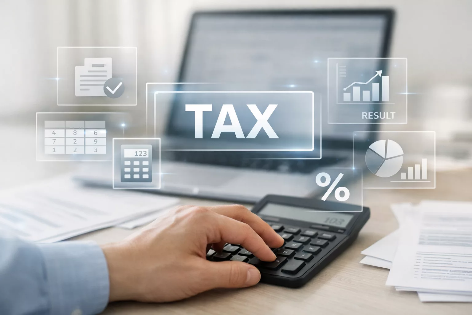 Käsi käyttämässä laskinta työpöydällä, taustalla tietokone ja verotusta kuvaavia käyttöliittymäelementtejä
