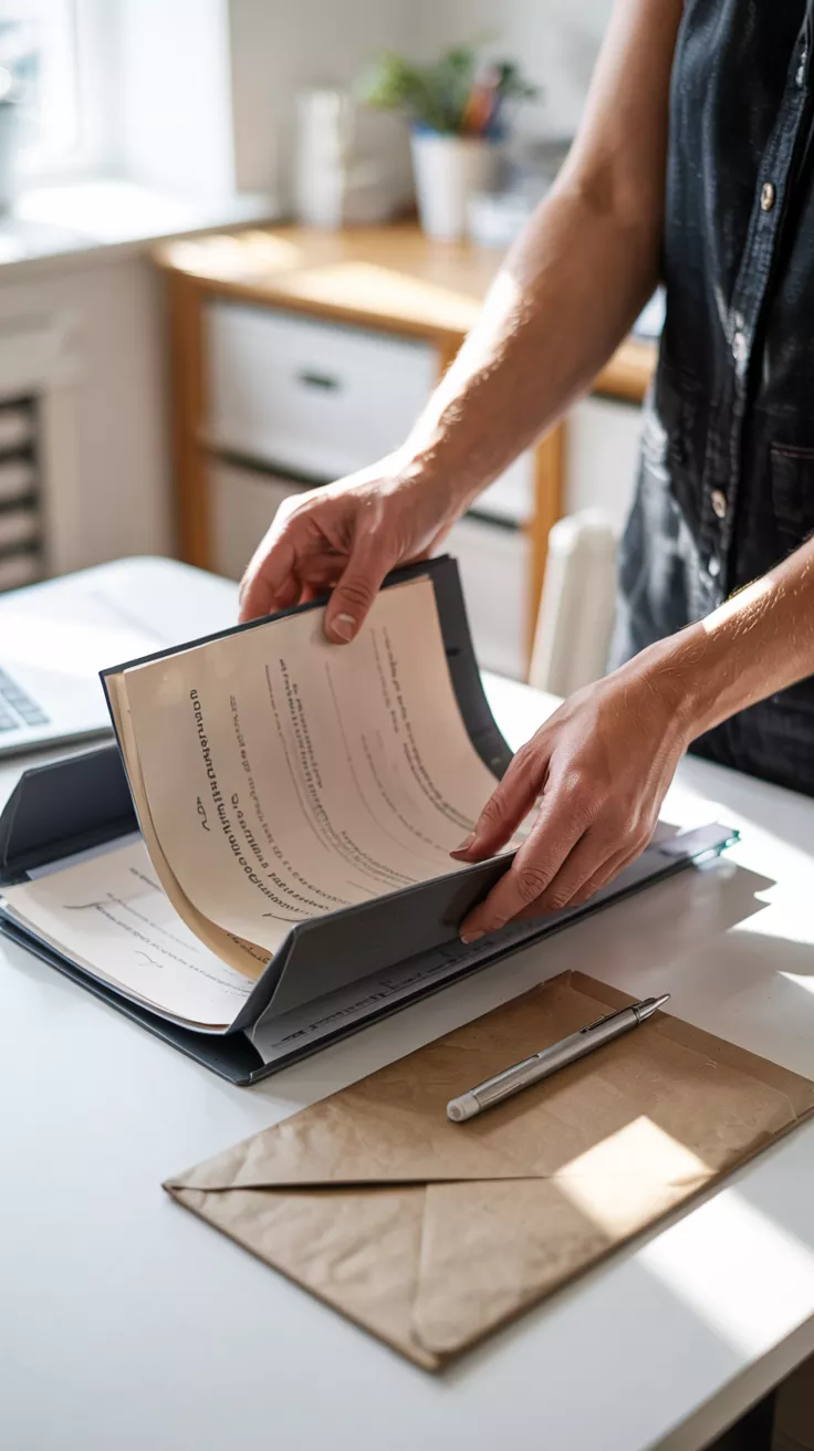 Kädet selaamassa asiakirjoja kansiossa